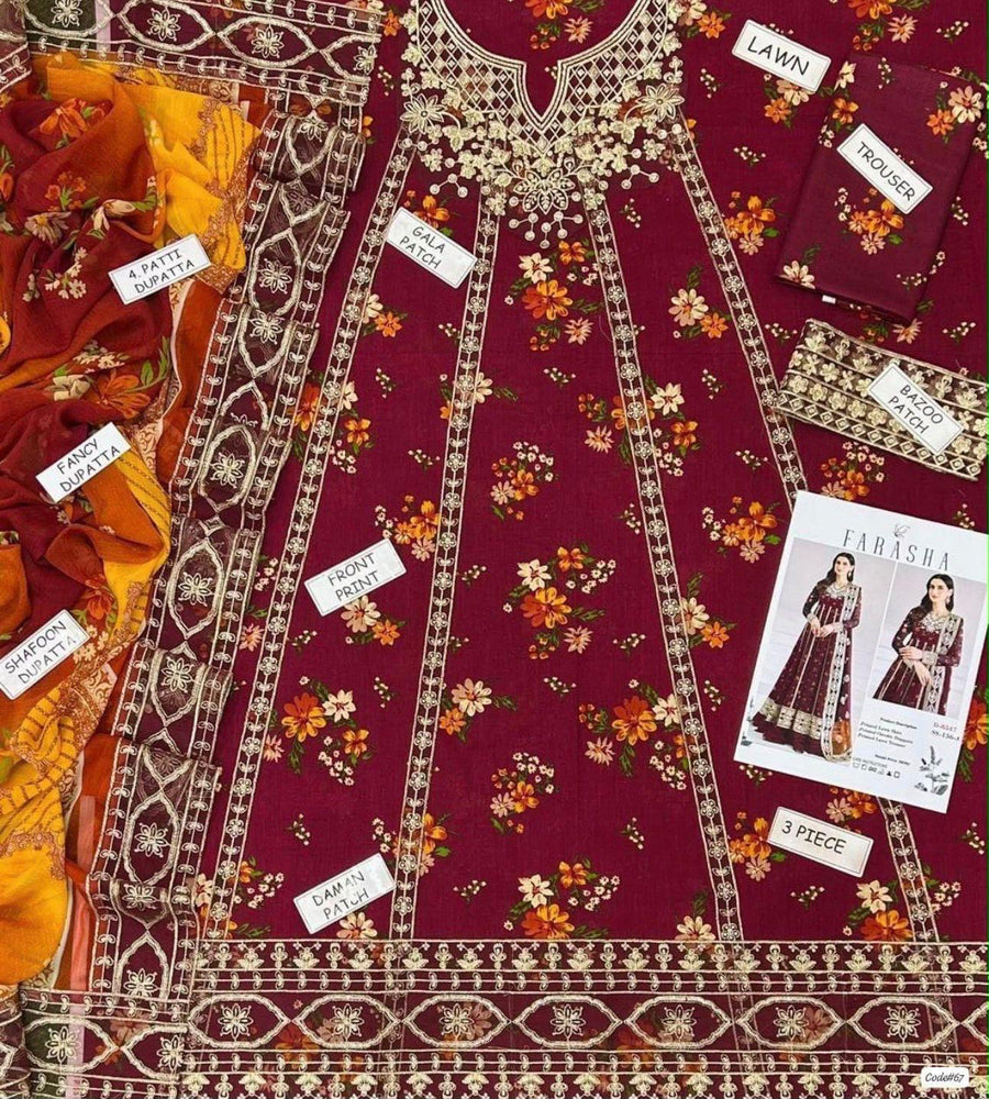 Black Floral Embroidered Maxi Dress with Burgundy Dupatta