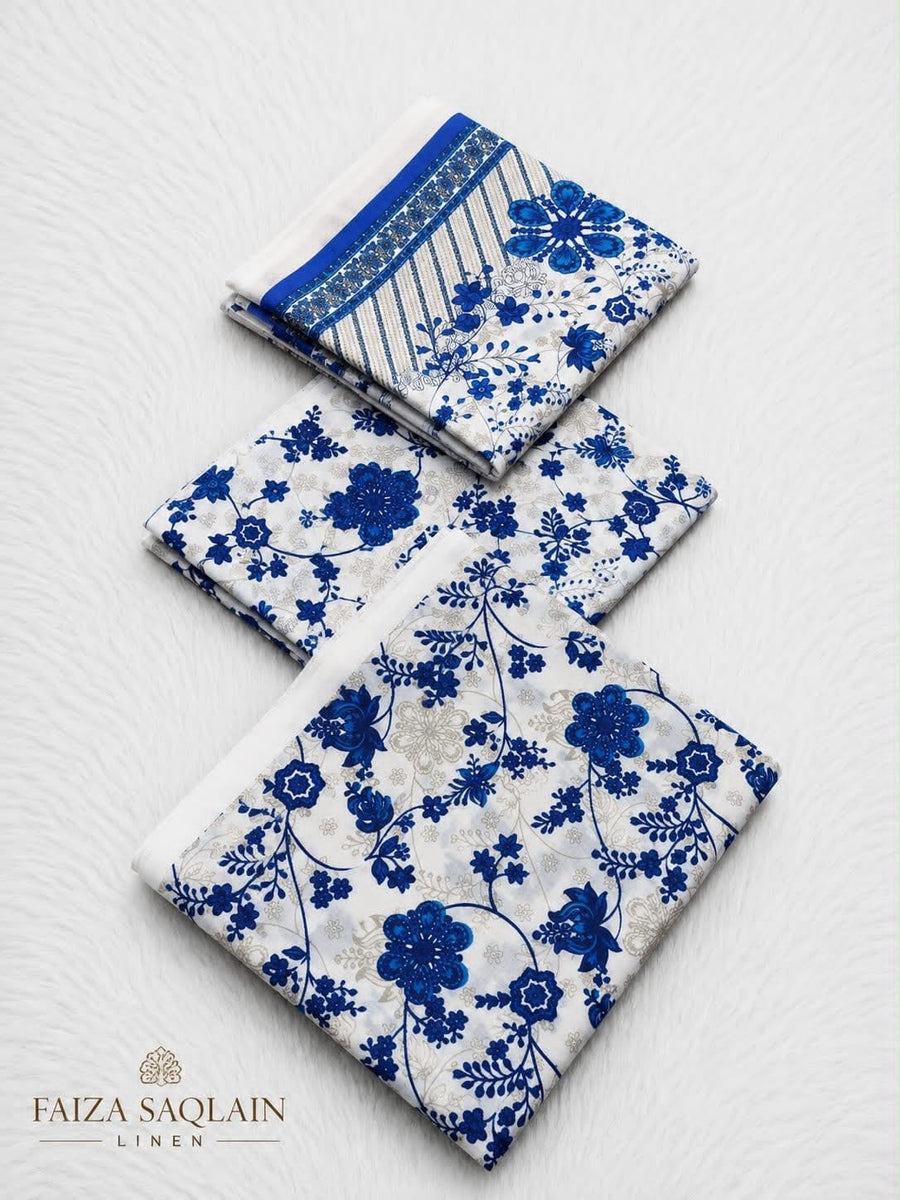 Royal Blue Floral Printed 3-Piece Linen Suit