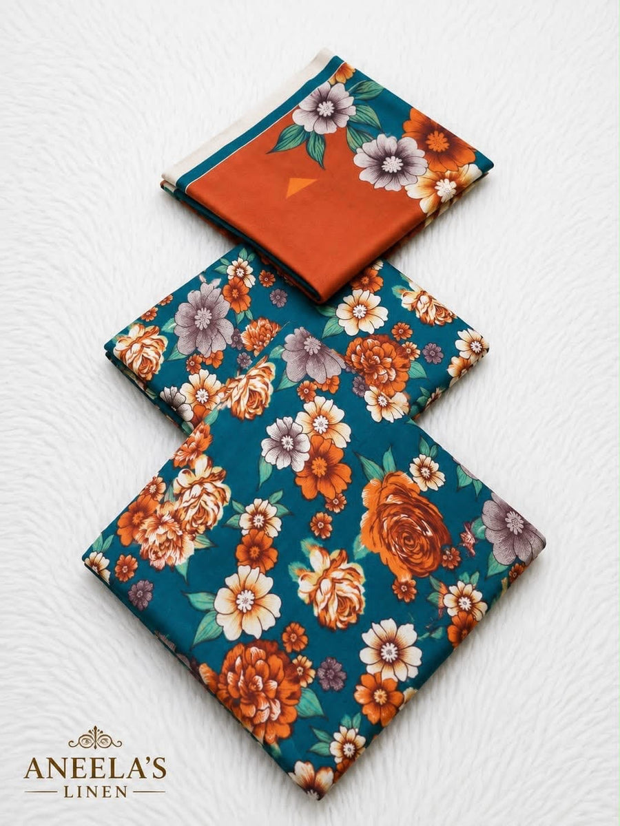Teal Floral 3-Piece Unstitched Suit