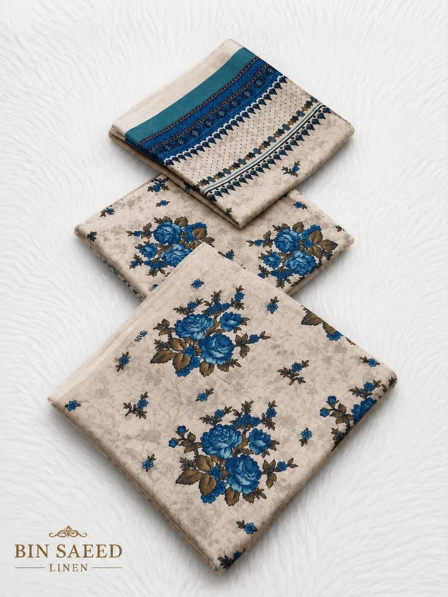 Elegant Beige & Royal Blue Floral Printed Linen 3-Piece Suit