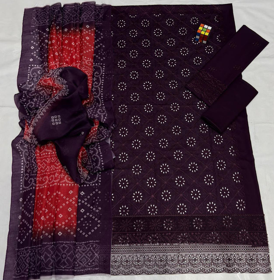 Dark Purple Chikankari Suit with Bandhani Chunri Printed Dupatta