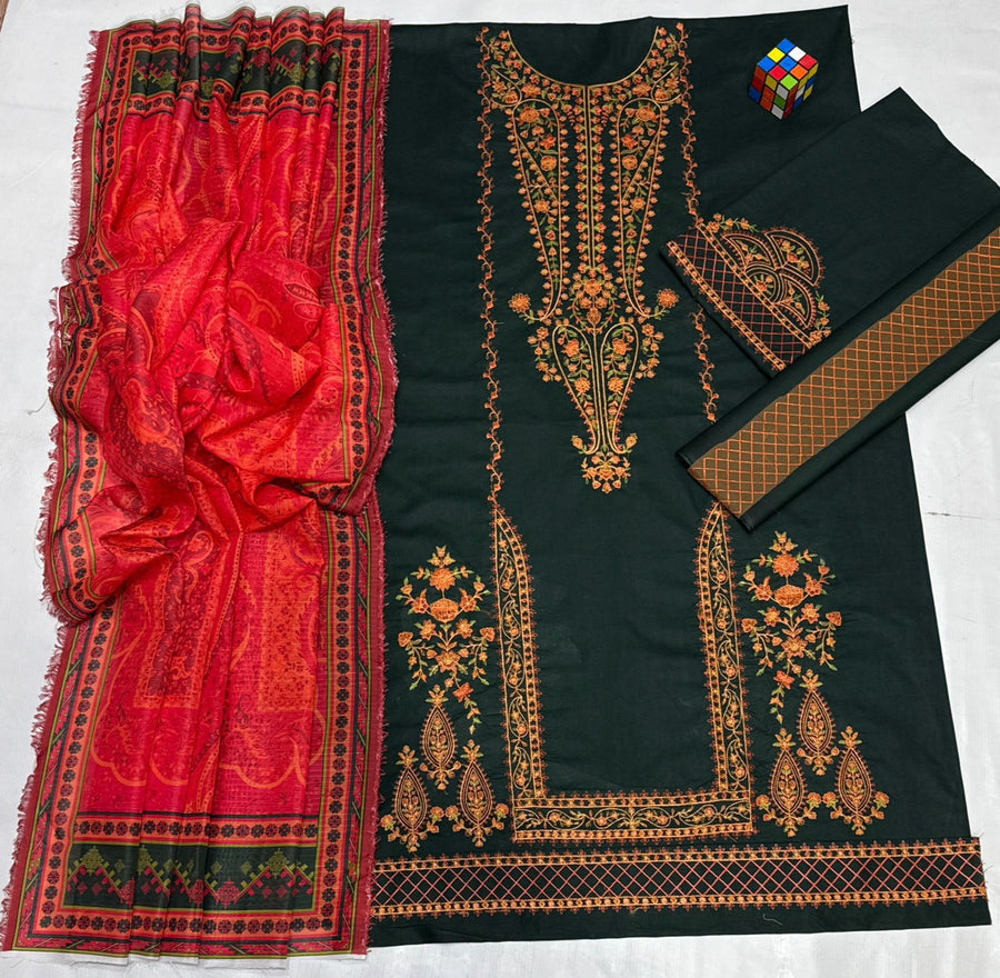 Premium Bottle Green Embroidered Unstitched Designer Collection
