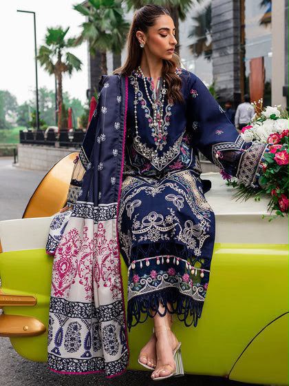 Navy Blue Floral Threadwork Suit with Contrast Printed Dupatta