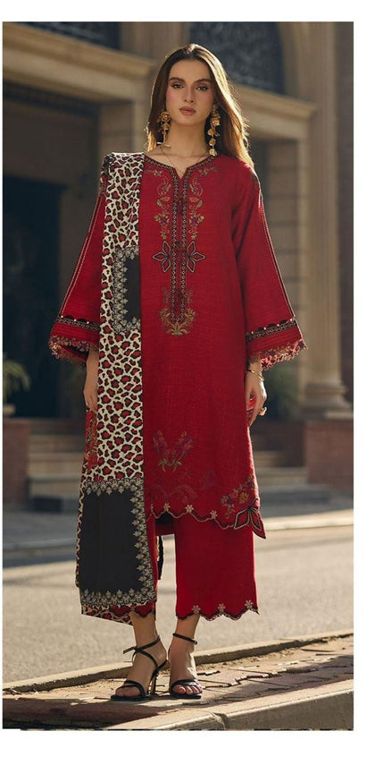 Ruby Red Floral Embroidered Suit with Animal Print Dupatta