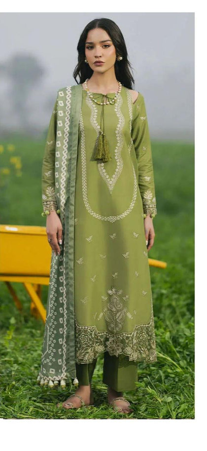 Olive Green Embroidered Chunri Printed Dupatta 3-Piece Suit