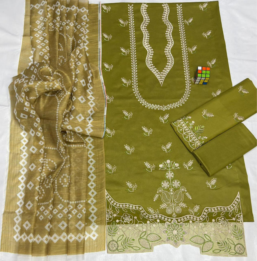 Olive Green Embroidered Chunri Printed Dupatta 3-Piece Suit