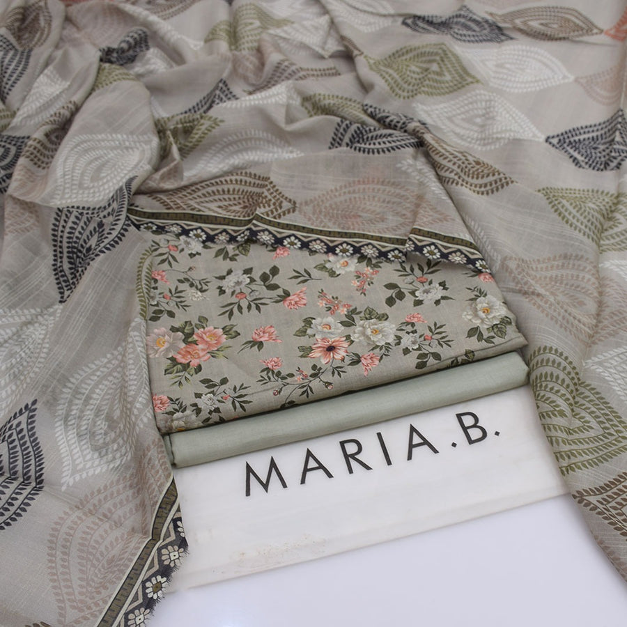 Maria.B Luxury Lawn — Exquisite Grey Floral 3-Piece Suit with Paisley Dupatta