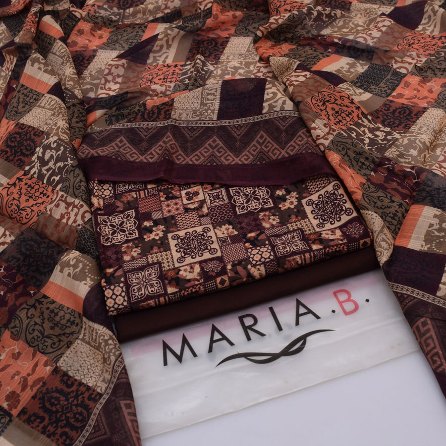Maria.B Luxury Lawn — Exquisite Brown Geometric 3-Piece Suit