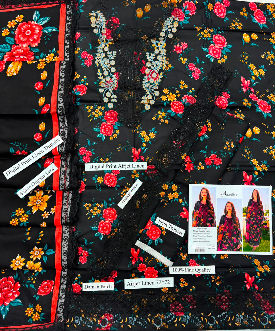 Elegant Midnight Black Airjet Linen 3PC Suit – Heavy Embroidery & Floral Print