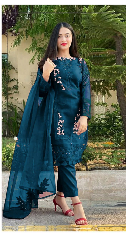Luxury Teal Blue Dhanak 3PC Suit – Fully Embroidered Shirt & Dupatta