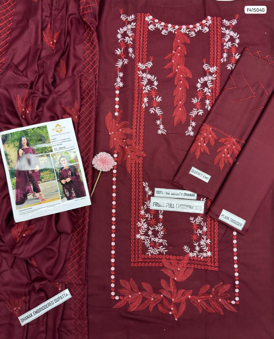 Luxury Maroon Dhanak 3PC Suit – Fully Embroidered Shirt & Dupatta
