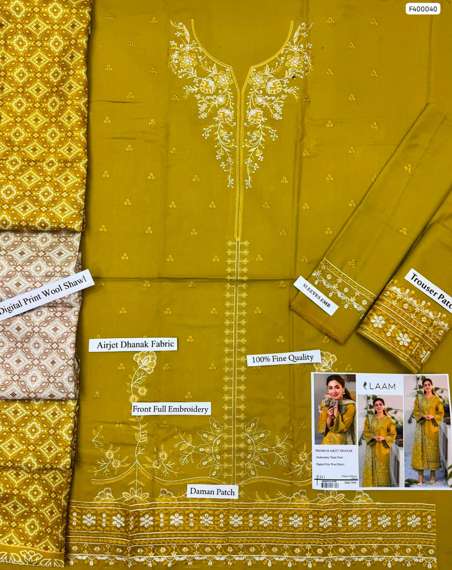 Winter Elegance by LAAM | Olive Green Heavy Embroidered Dhanak 3PC Collection ✨