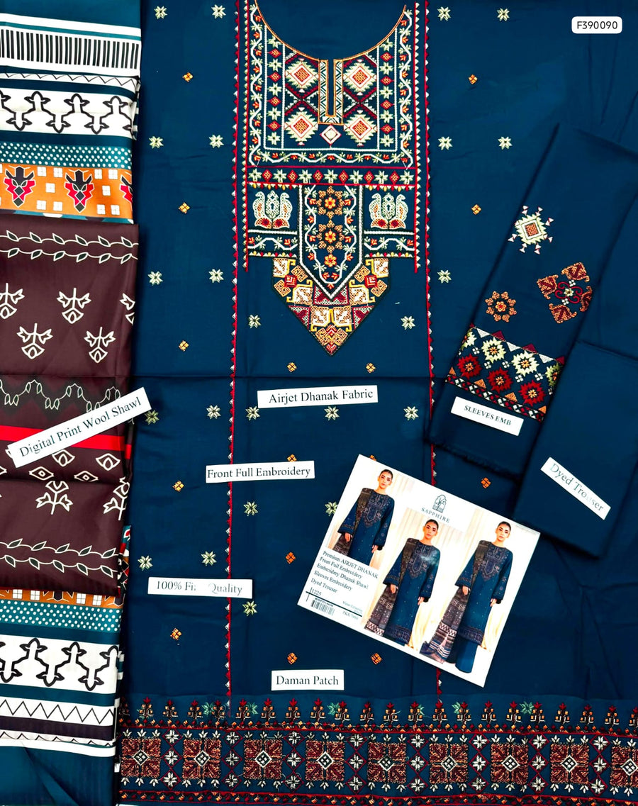 : Winter Elegance by Sapphire – Teal Blue Dhanak 3PC Suit & Digital Wool Shawl
