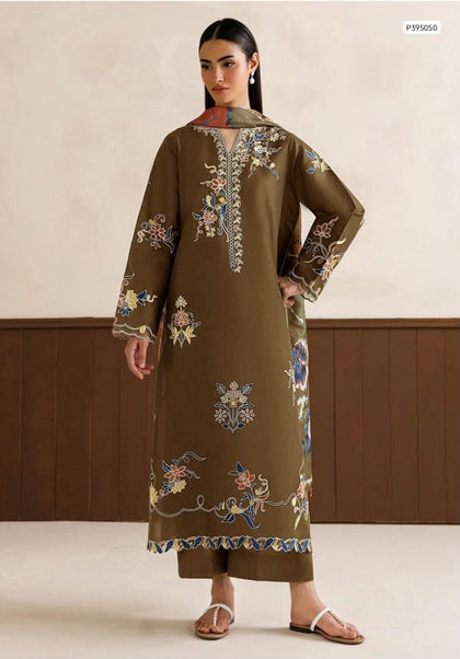 Premium 3PC Embroidered Winter Dhanak Ensemble with Contrast Floral Detailing