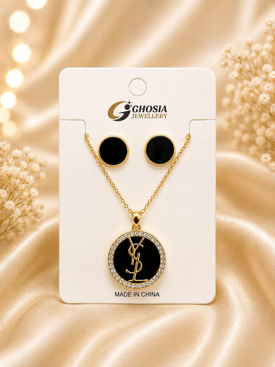 Jewellery Elegant Gold-Plated Black Pendant & Earring Set | Luxury Fashion Jewelry