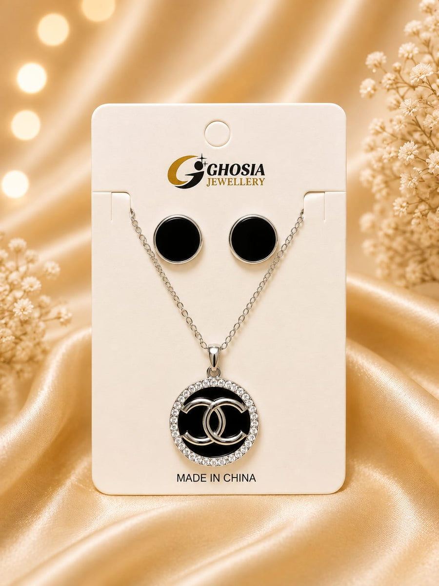 Jewellery Elegant Gold-Plated Black Pendant & Earring Set | Luxury Fashion Jewelry