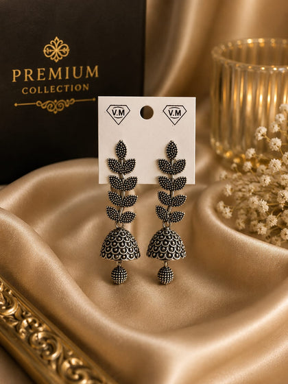 Oxidised Silver Leaf Motif Long Jhumka Earrings