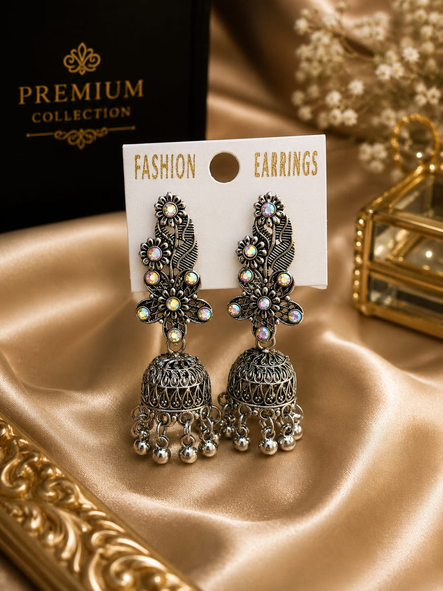 Oxidised Silver Floral Stone-Studded Long Jhumka Earrings
