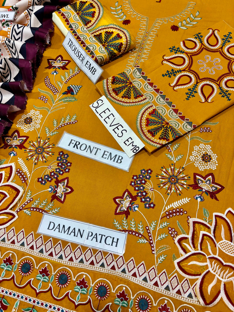Pezwan Premium Air-Jet Dhanak Heavy Embroidered 3-Piece Unstitched Suit (D#3005) with Woolen Shawl