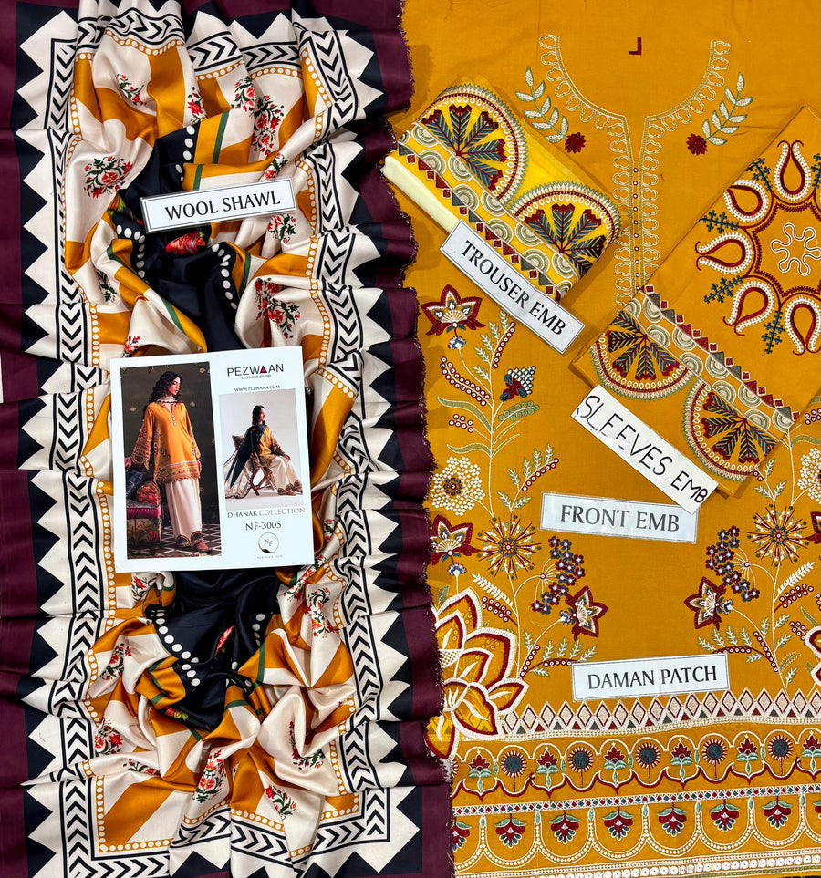 Pezwan Premium Air-Jet Dhanak Heavy Embroidered 3-Piece Unstitched Suit (D#3005) with Woolen Shawl