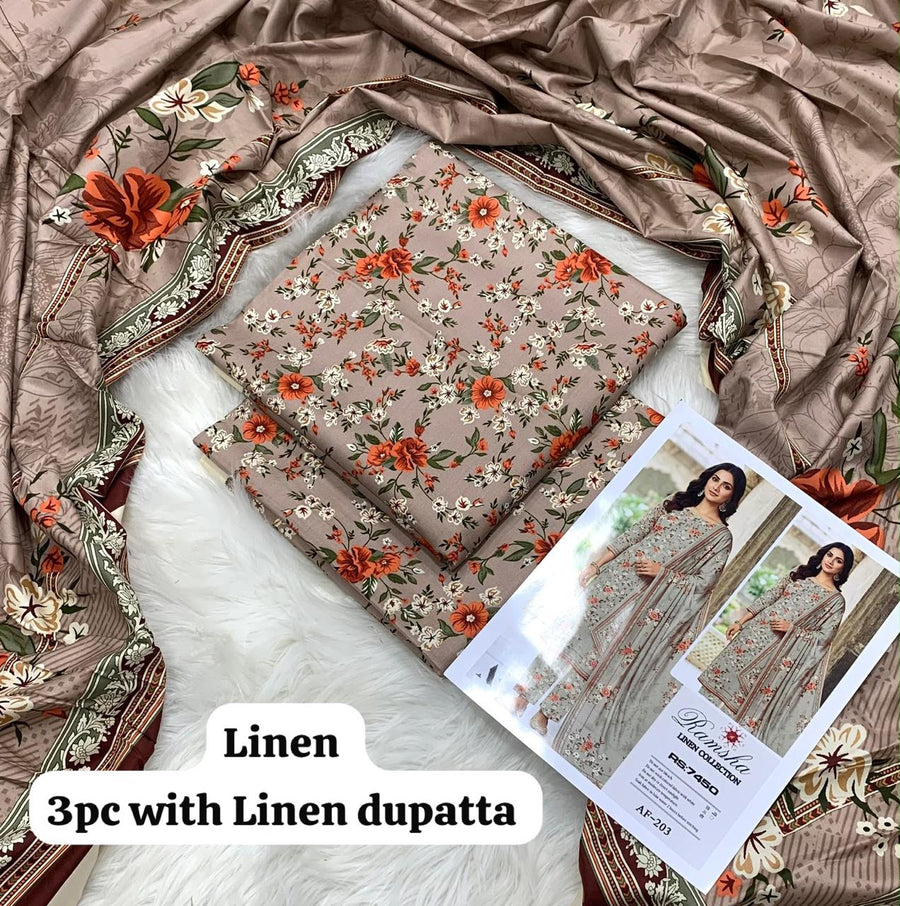 Ramsha Tan Blossom Vine 3Pc Unstitched Linen Suit with Linen Dupatta