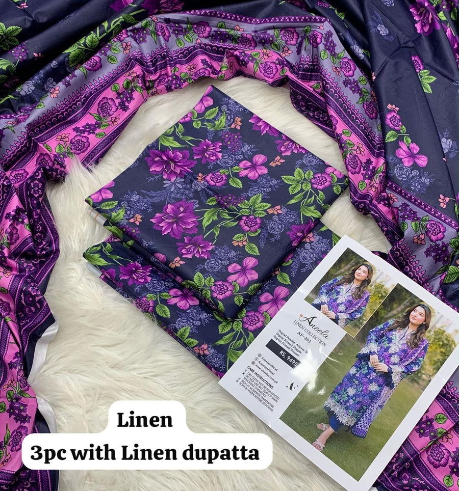 Aneela Navy Violet Bloom 3Pc Unstitched Linen Suit with Linen Dupatta