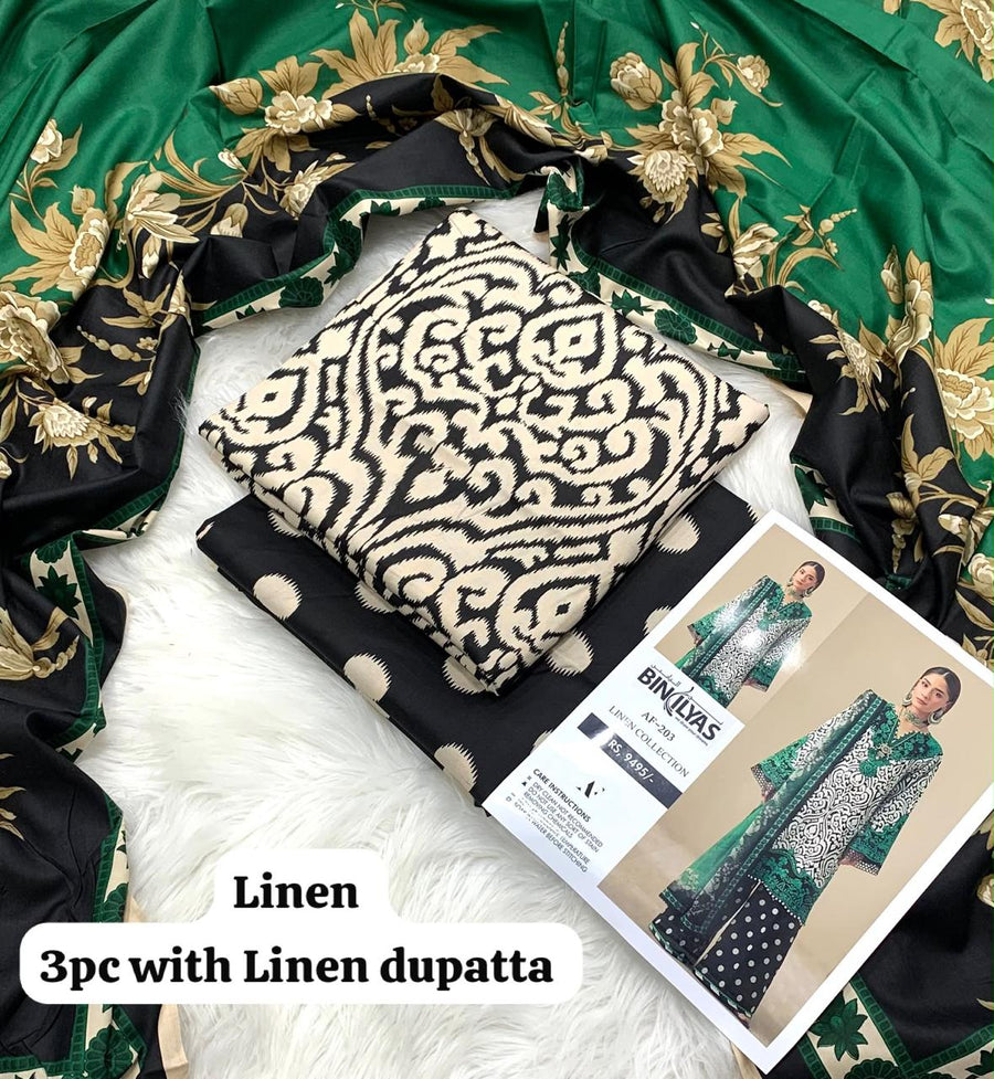 Bin Ilyas Black Damask Emerald 3Pc Unstitched Linen Suit with Linen Dupatta