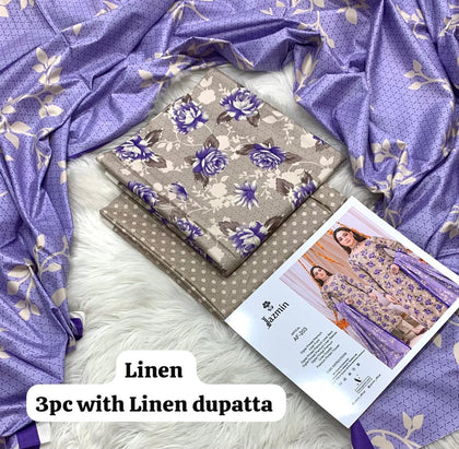 Jazmin Taupe Purple Rose 3Pc Unstitched Linen Suit with Linen Dupatta
