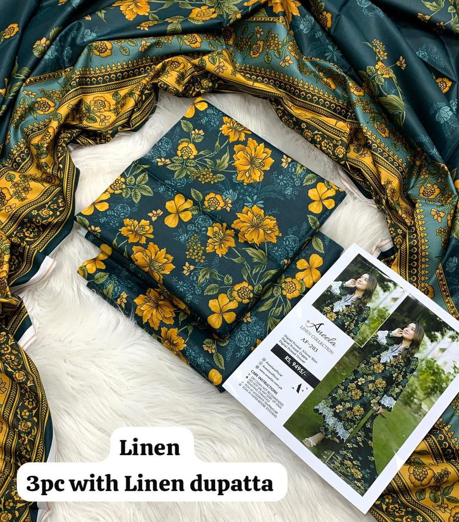 Aneela Teal Mustard Blossom 3Pc Unstitched Linen Suit with Linen Dupatta