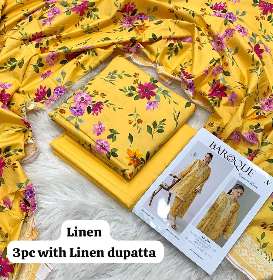 Baroque Sunshine Watercolor Floral 3Pc Unstitched Linen Suit with Linen Dupatta