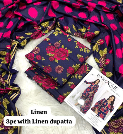 Baroque Navy Crimson Rose 3Pc Unstitched Linen Suit with Linen Dupatta