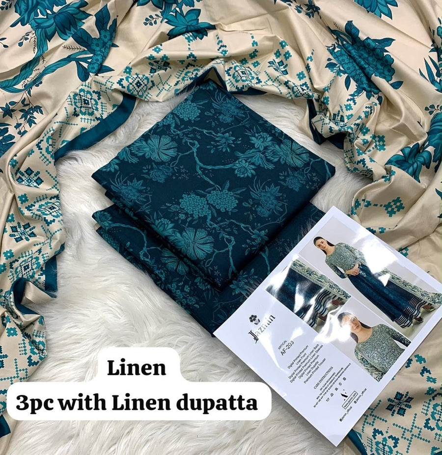 Jazmin Deep Teal Damask 3Pc Unstitched Linen Suit with Linen Dupatta