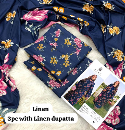 Izel Navy Rose Mustard 3Pc Unstitched Linen Suit with Linen Dupatta