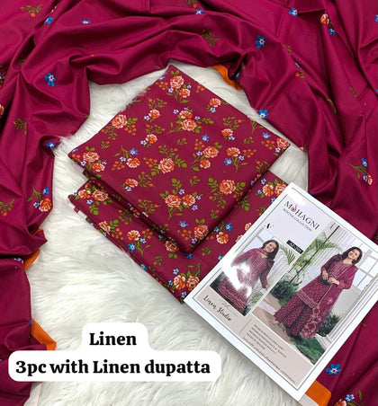 Mohagni Magenta Rose Sprig 3Pc Unstitched Linen Suit with Linen Dupatta