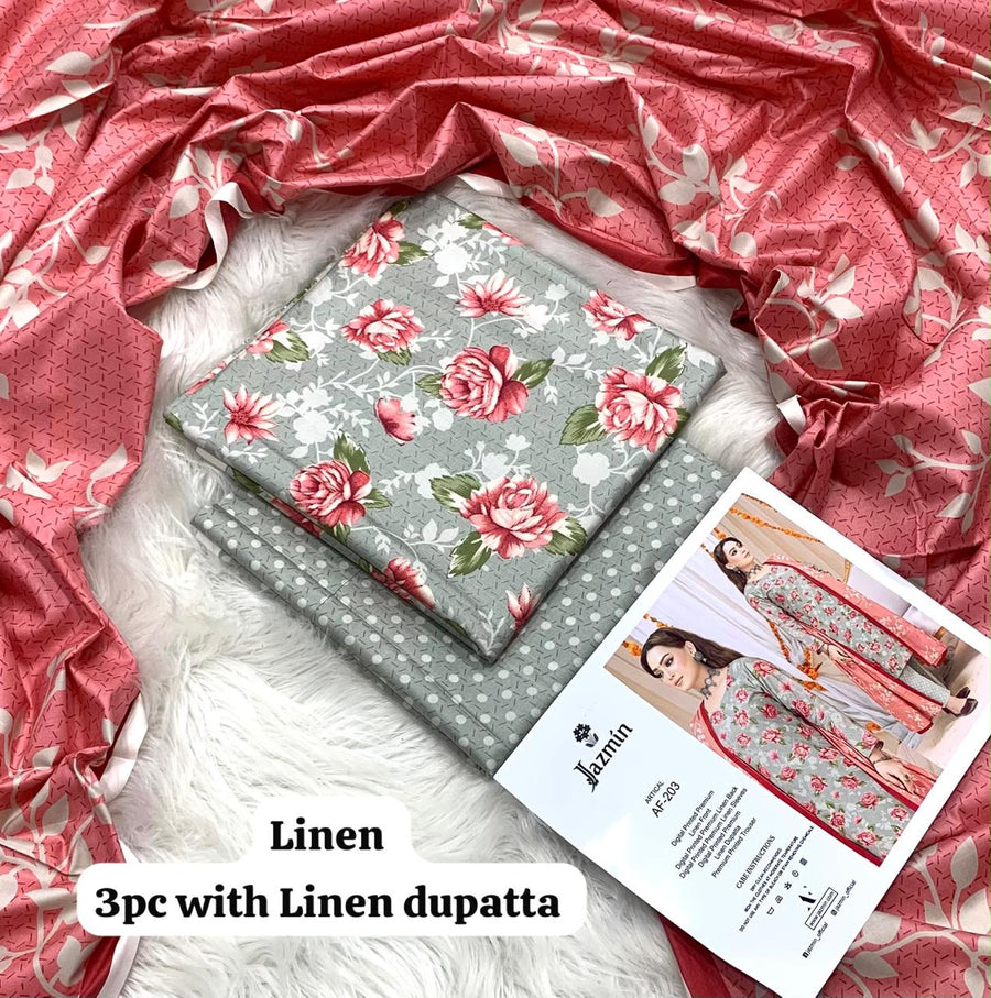 Jazmin Grey Coral Rose 3Pc Unstitched Linen Suit with Linen Dupatta