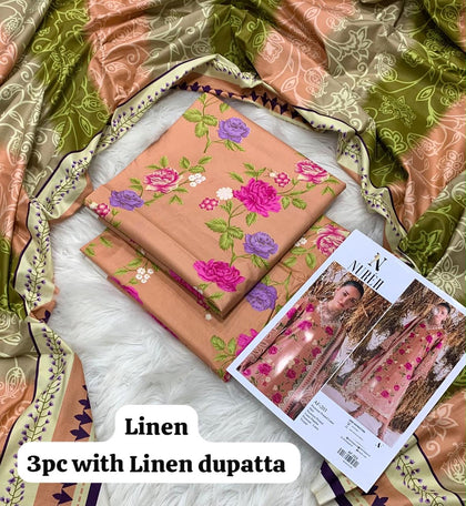 Nureh Peach Rose Trellis 3Pc Unstitched Linen Suit with Linen Dupatta