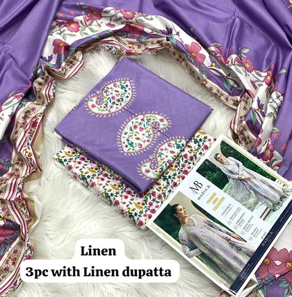 Maria B Lavender Paisley 3Pc Unstitched Linen Suit with Linen Dupatta