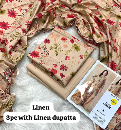 Maria B Beige Wildflower 3Pc Unstitched Linen Suit with Linen Dupatta