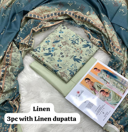 Ramsha Sage Ditsy Botanical 3Pc Unstitched Linen Suit with Linen Dupatta