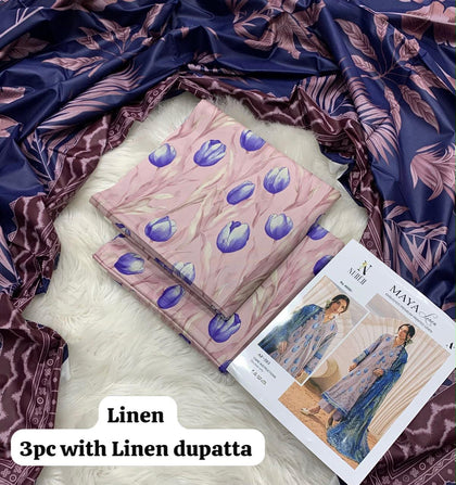 Nureh Blush Tulip 3Pc Unstitched Linen Suit with Linen Dupatta