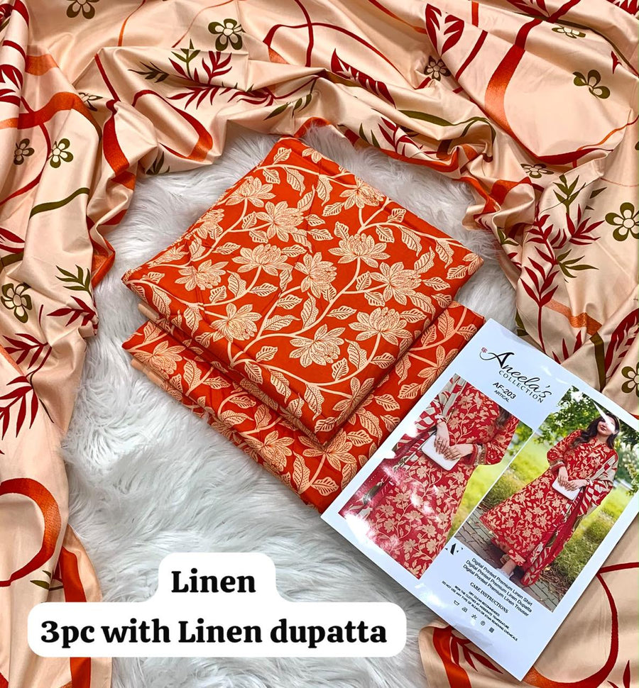 Aneela Burnt Orange Lotus Jaal 3Pc Unstitched Linen Suit with Linen Dupatta