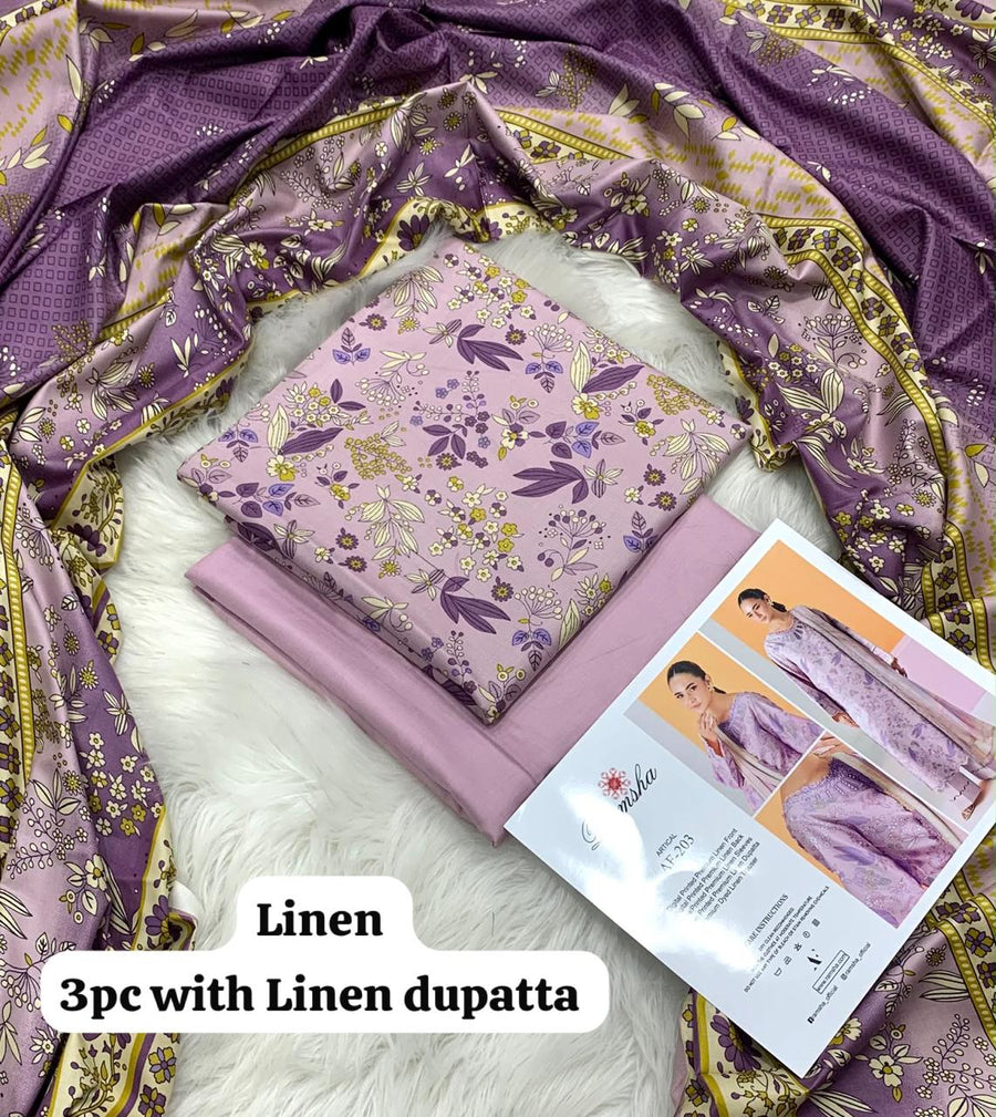 Ramsha Mauve Wildflower 3Pc Unstitched Linen Suit with Linen Dupatta