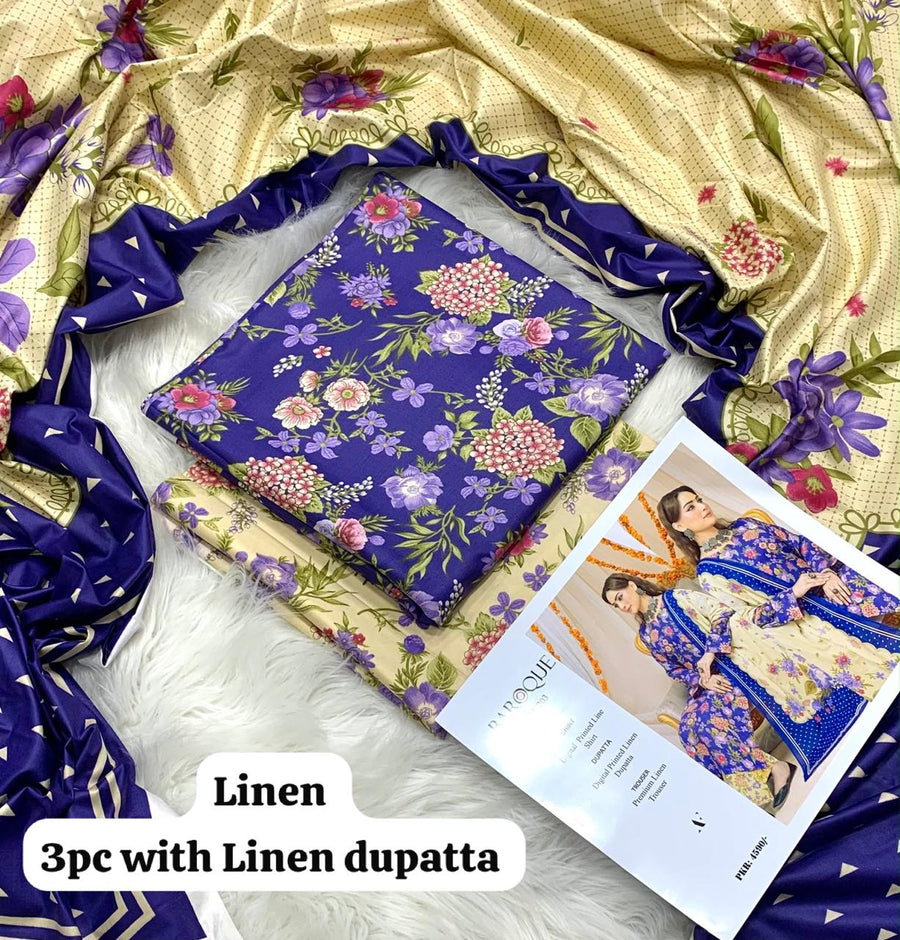 Baroque Royal Blue Garden 3Pc Unstitched Linen Suit with Linen Dupatta