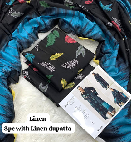 Baroque Black Feather Leaf 3Pc Unstitched Linen Suit with Linen Dupatta