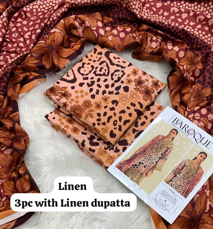 Baroque Peach Leopard Floral 3Pc Unstitched Linen Suit with Linen Dupatt