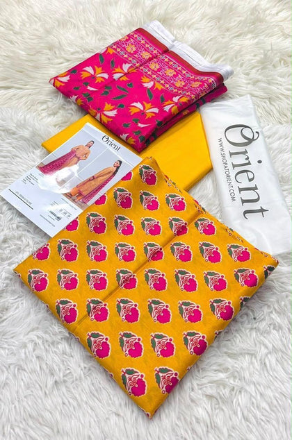 Orient Designer Mustard Floral Lawn 3-Piece Unstitched Suit Vol. 1 – Printed Voil Dupatta & Cambric Trouser