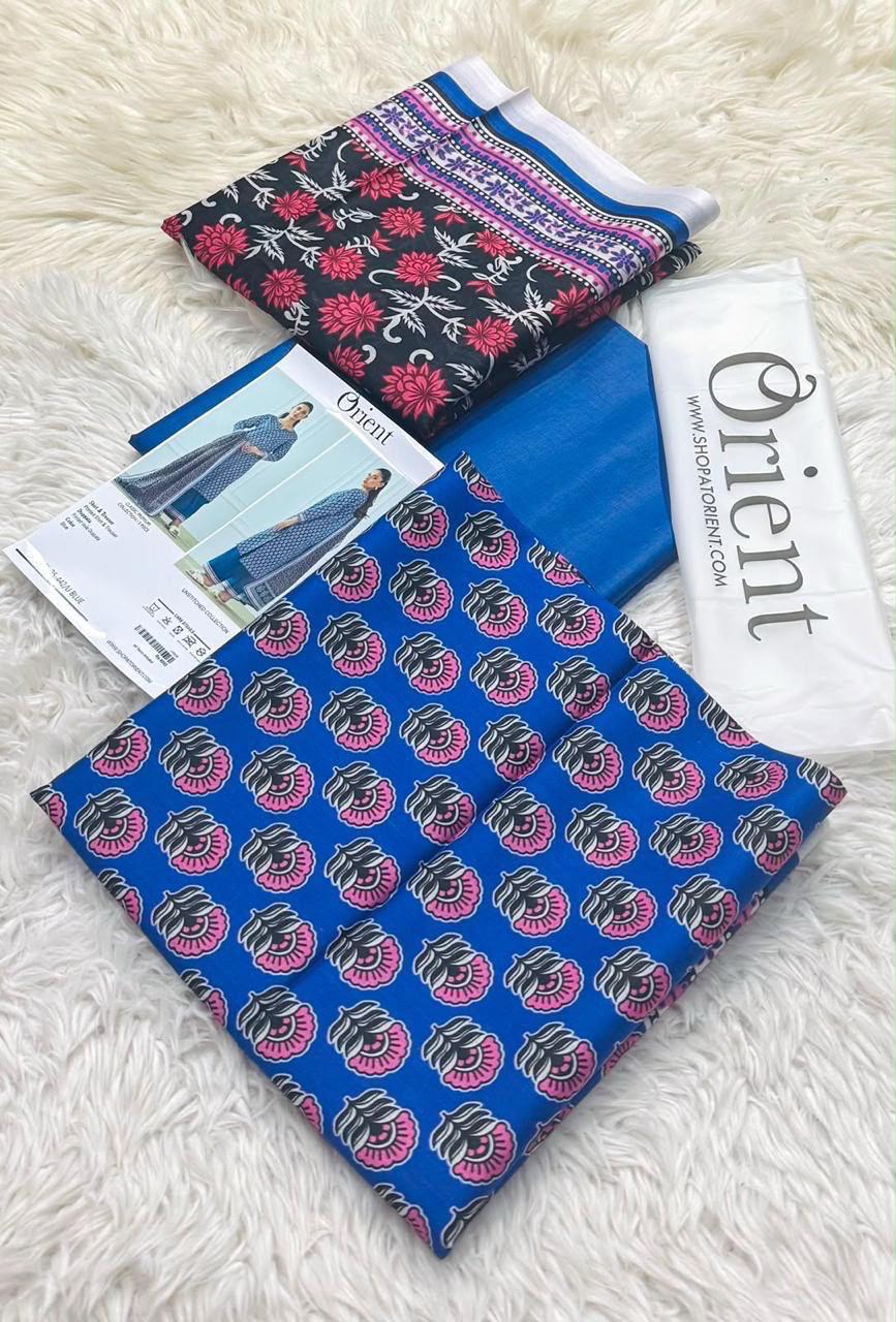 Orient Designer Royal Blue Lawn 3-Piece Unstitched Suit Vol. 1 – Printed Voil Dupatta & Cambric Trouser