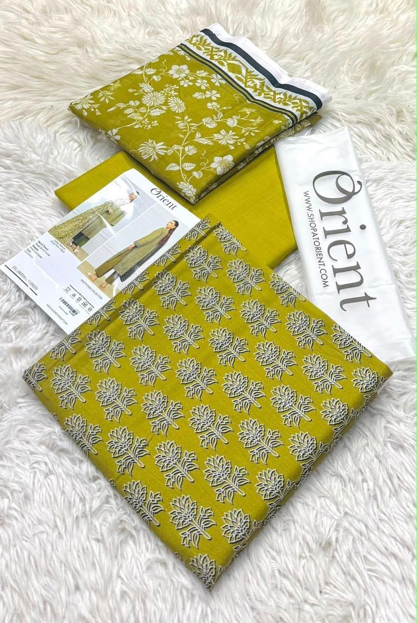 Orient Designer Olive Green Lawn 3-Piece Unstitched Suit Vol. 1 – Printed Voil Dupatta & Cambric Trouser