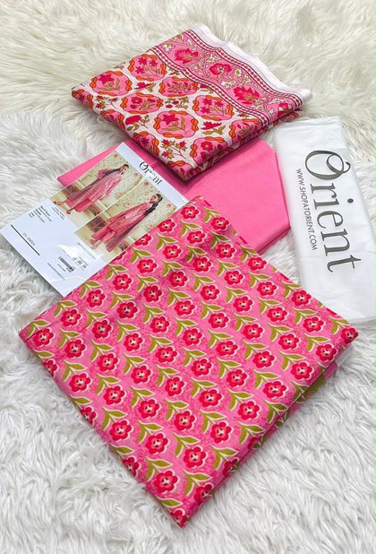 Orient Designer Pink Floral Lawn 3-Piece Unstitched Suit Vol. 1 – Printed Voil Dupatta & Cambric Trouser