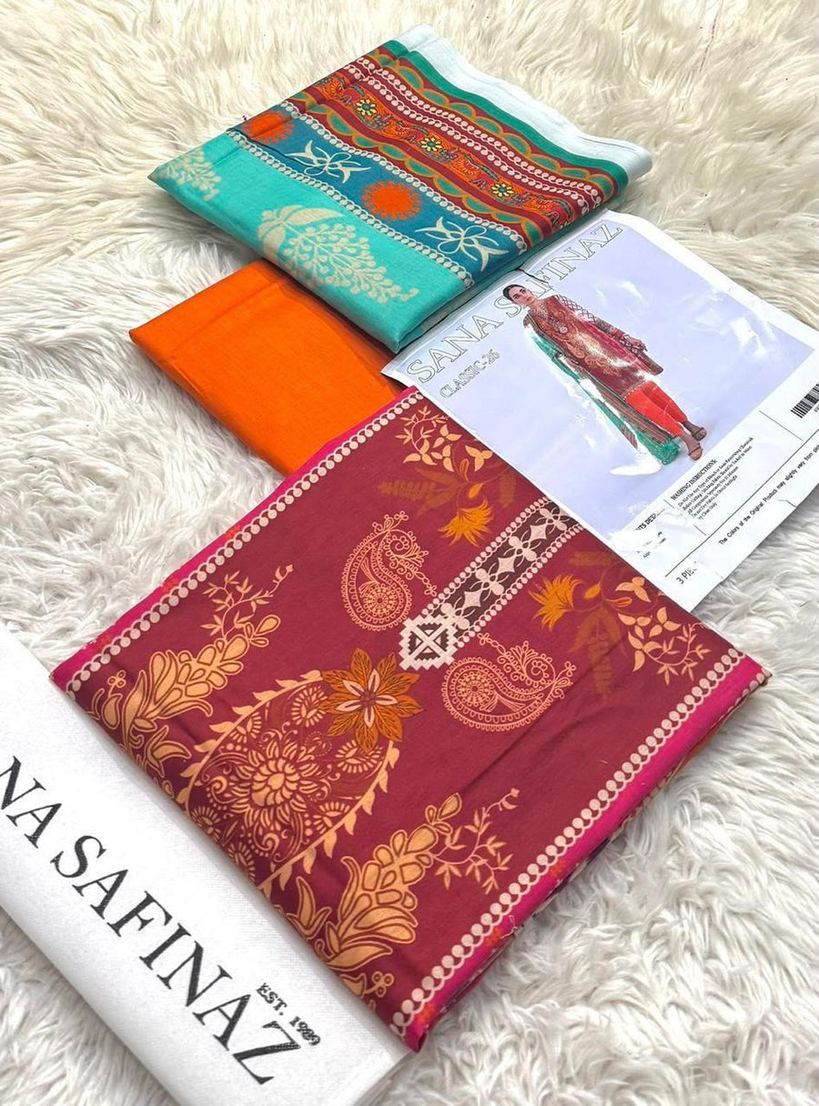 Sana Safinaz Designer Maroon & Turquoise Lawn 3-Piece Unstitched Suit Vol. 1 – Printed Voil Dupatta & Cambric Trouser